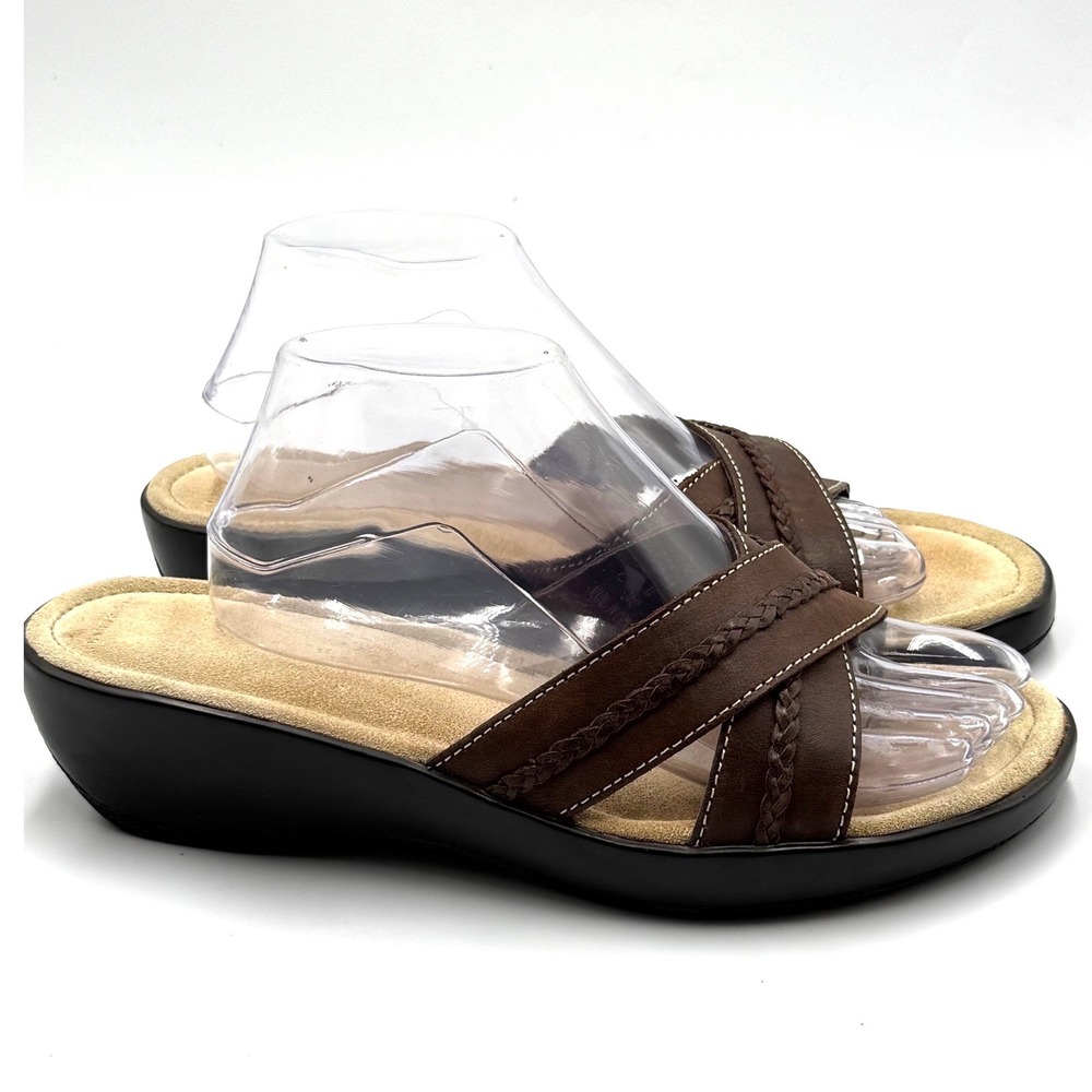 Lands' End Braided Wedge‎ Sandals 9.5B Brown Leather Slide Coastal Boho Comfort